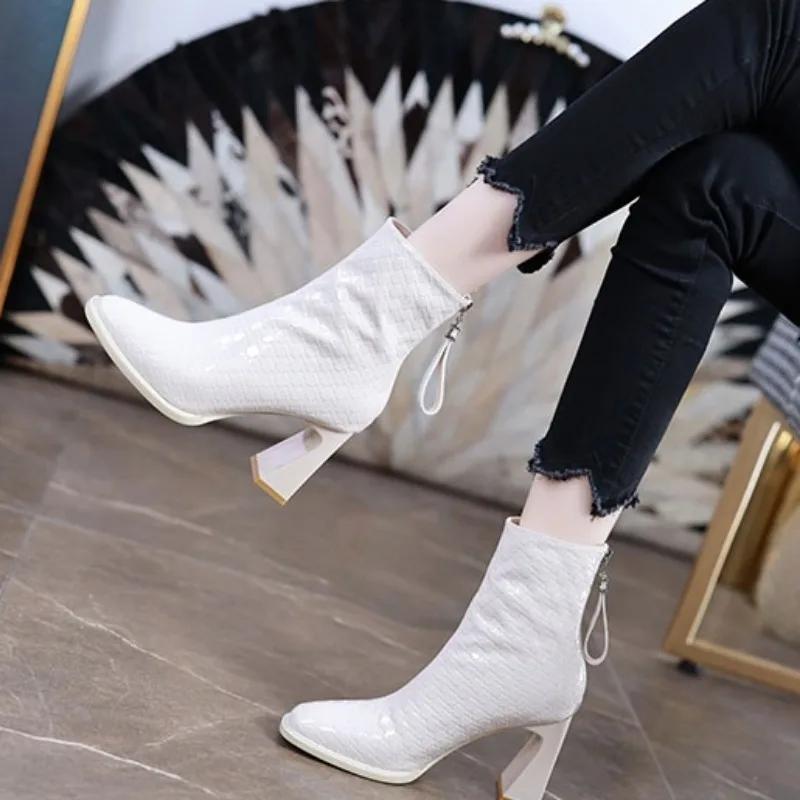 2024 High Quality Women's Shoes Ankle Women's Boots Elegant Modern Boots Women Square Toe High Heels Back Zip Shoes Ladies