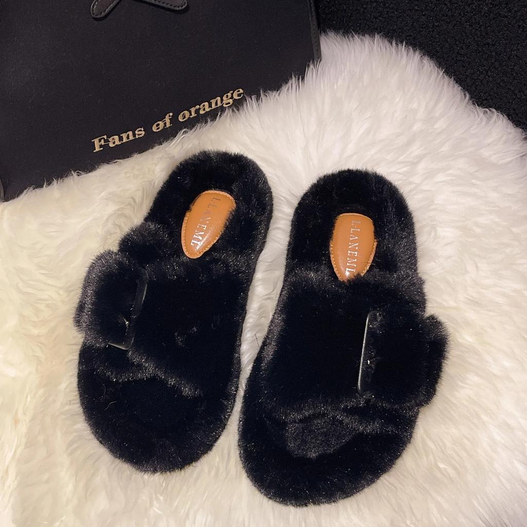 Women's Slippers 2024 New Casual Plush Fluffy Slippers Solid Color Indoor Warm Home Fashion Belt Buckle Outdoor Cotton Slippers