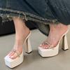 Designer Platform Crystal Women Slippers Fashion PVC Transparent Square Toe Chunky High Heels Slide Shoes