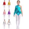 Kids Girls Jazz Latin Dancewear Shiny Sequins Long Sleeve Mock Neck Ballet Dance Costume Leotard Jumpsuit