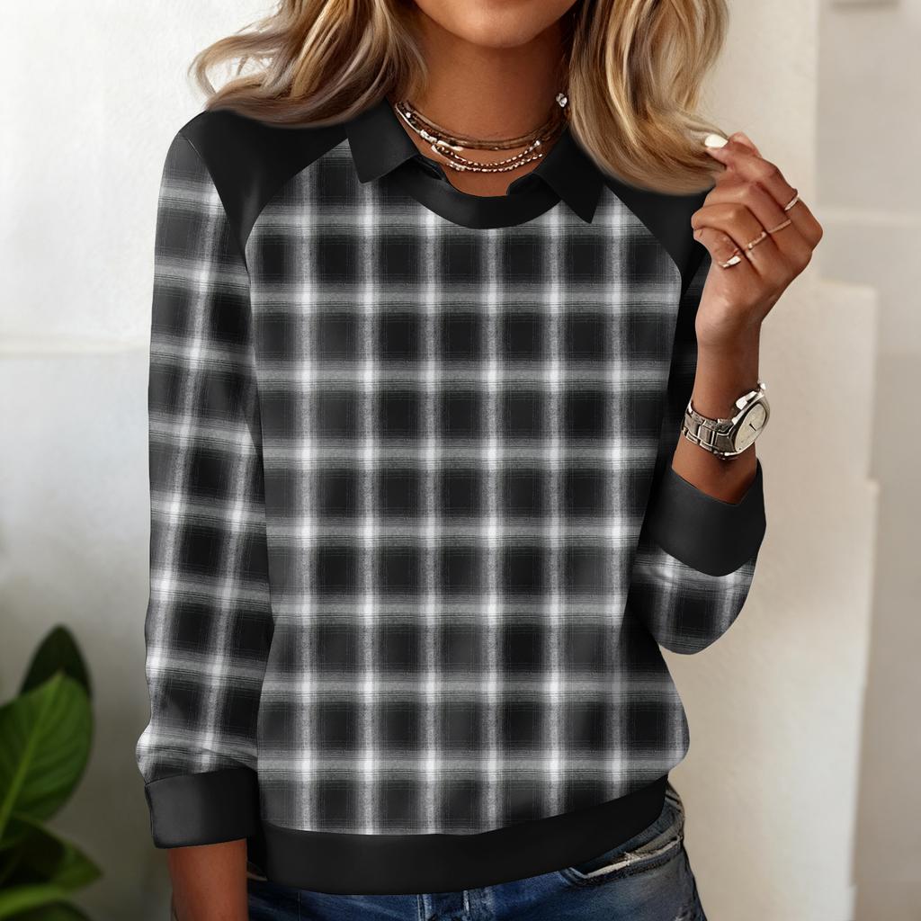 Ladies' Plaid Printed Casual Long Sleeved Sweatshirt Top