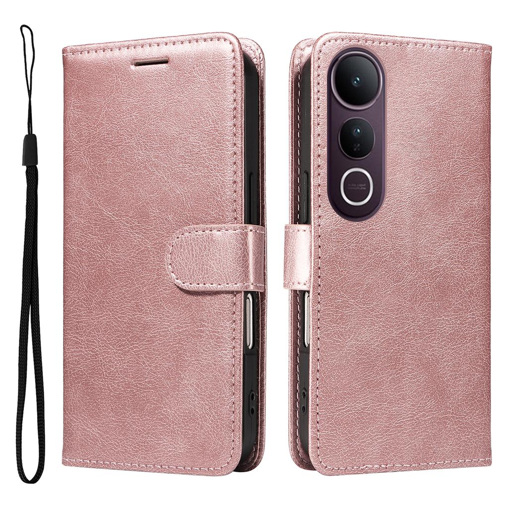 For Vivo V50 Lite 5G Leather Wallet Case with Strap Solid Color Phone Stand Cover