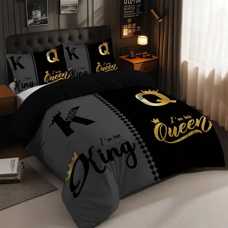 3pcs King Size and Queen Pattern, Black and Gray Printed Fashionable Bedding Set, 1duvet Cover+2 Pillowcases, for Home Bedroom