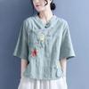 Women's Summer Loose Thin Section Ethnic Style Stand-up Collar Embroidery Vintage Plate Buckle Over Head Medium Sleeved Cotton Linen Shirt