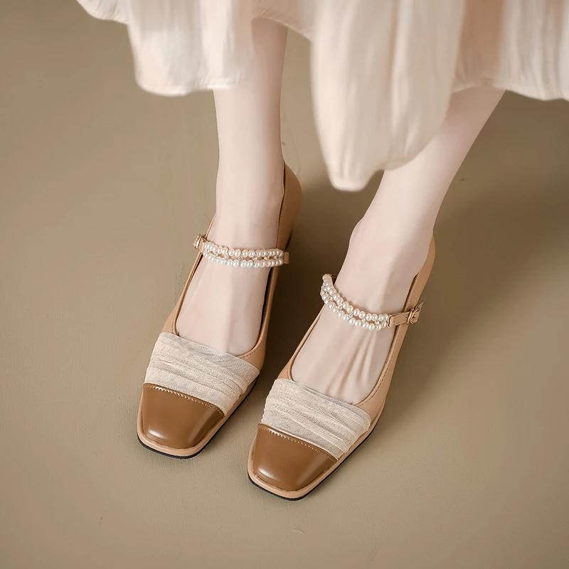 Fashion Elegant Mary Janes Shoes New Designer Square Toe Lace Pearls Buckle Strap Shallow Mid Thick Heeled Pumps Women