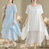 2025 Summer New Literary Solid Color Cotton Linen Short Sleeve Dress with Big Swing Skirt and Double Layer Underskirt, Plus Size Available