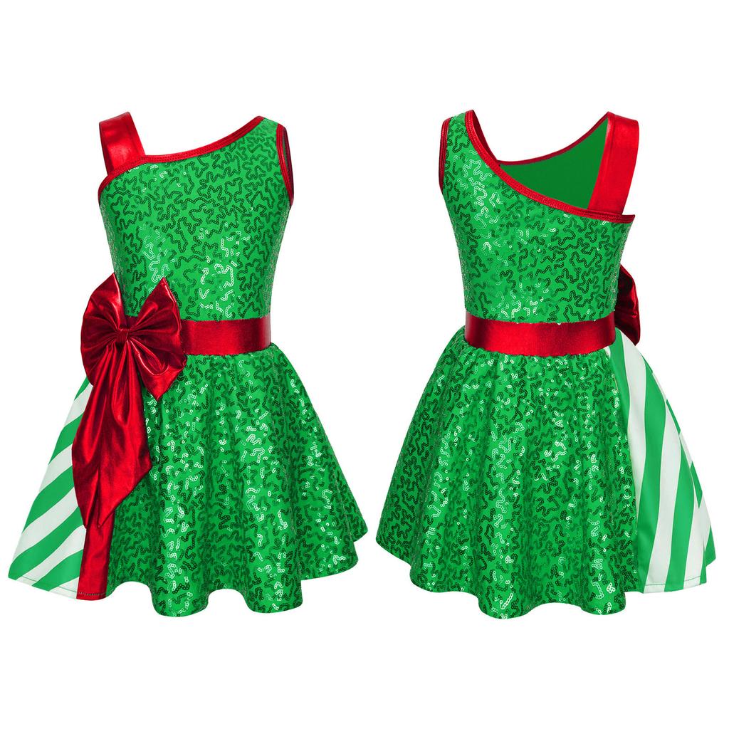 Girls Christmas Shiny Sequin Sleeveless Dress Ballet Dance Leotard Dress Christmas Party Performance Costume