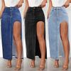 European & American High Slit Denim Skirt for Women - 2025 Spring/Summer Solid Color Washed Mid-Length Skirt