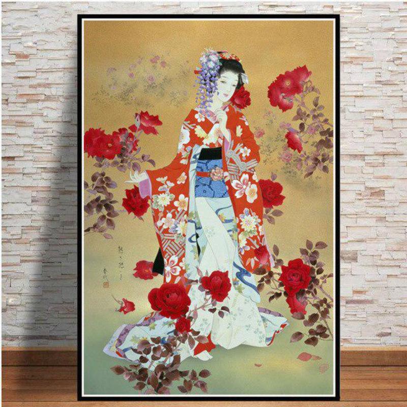 Japanese Geisha Women Painting Anime Posters Printing Wall Art Oil Painting Murals Living Room Home Wall Decoration Pictures