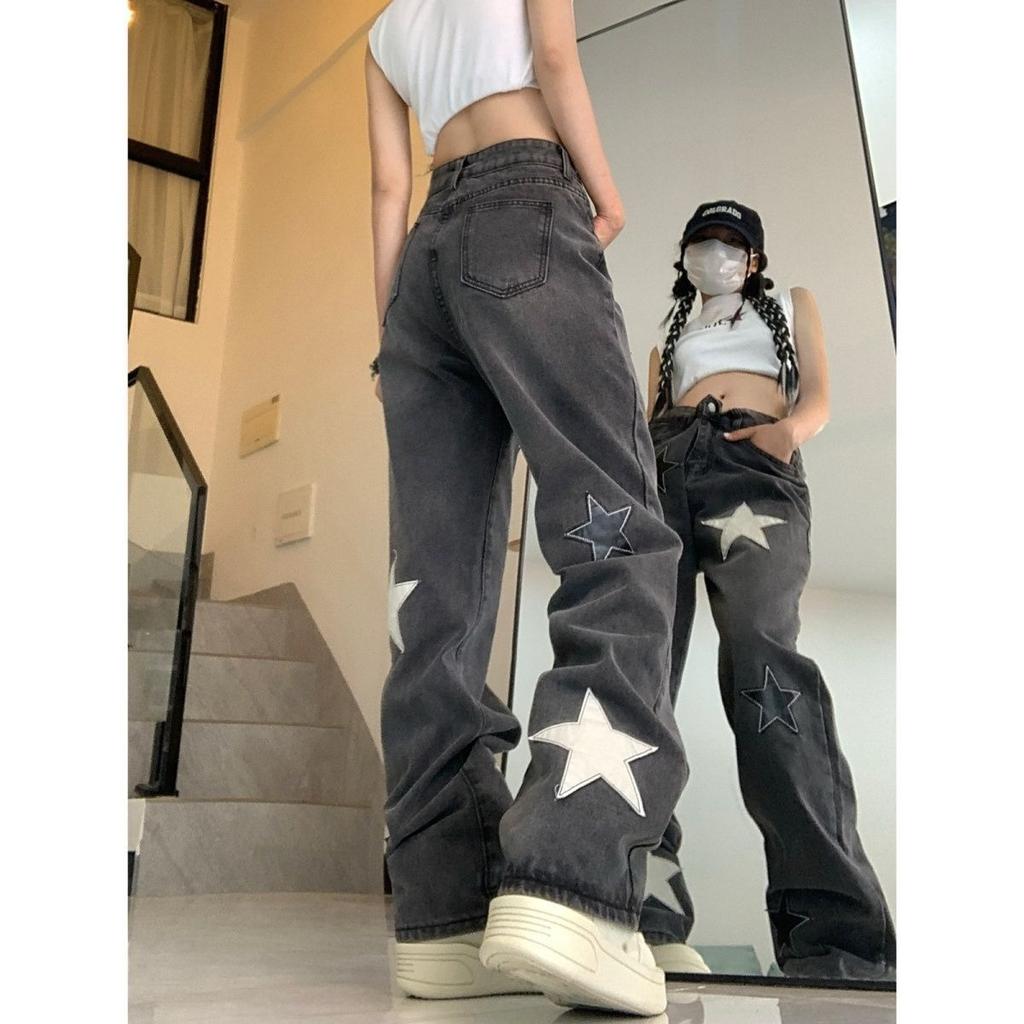 Stars American Style Y2k Retro Pants Female Street High Streetwear Wide Leg Straight Loose Baggy Jeans Women