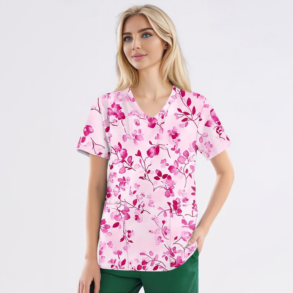 Plus Size Printed Scrub Working Uniform Tops For Women's V-Neck Short Sleeve Fun T-Shirts Workwear Tee With Pockets