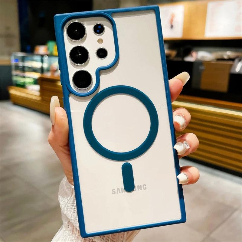 Frosted Frame Magnetic Magsafe Cases For Samsung Galaxy S24 S23 S22 Ultra Plus Wireless Charging Acrylic Bumper Cell Phone Cover