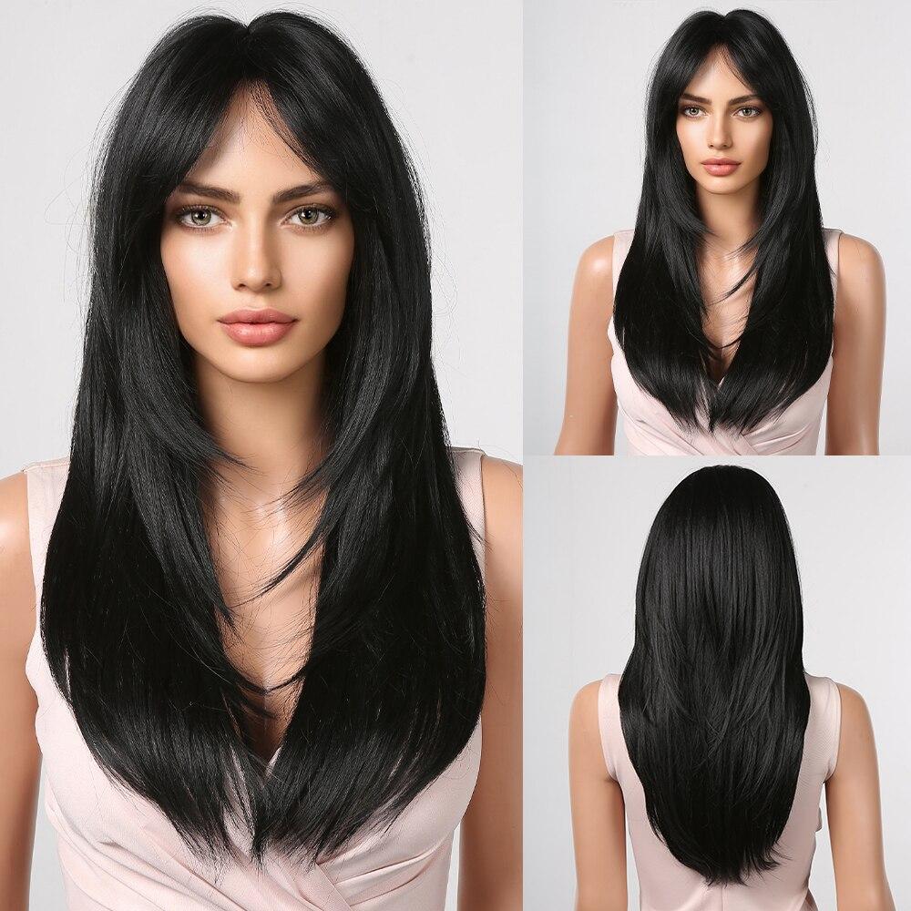 Long Brown Straight Layered Wig with Bangs Natural Looking Soft Synthetic Wigs Daily Party Use Fake Hair High Temperature Fiber
