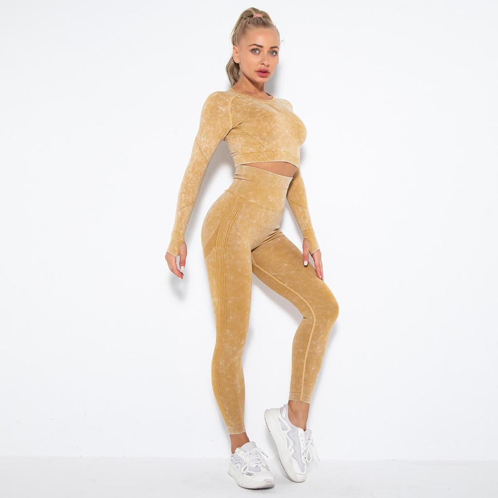 Women Seamless Washed Peach Hip Lifting Sports Running Fitness O Neck Long Sleeve Pant Suits