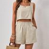 Women's Cotton Linen Two-Piece Set Sleeveless Crop Backless Tank Top Wide