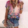 Women's Top Summer New Fashion Rose Flower Rendering Flowers Printed Casual Zipper V-neck Short Sleeve Top