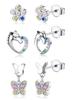 3 Pairs 925 Sterling Silver Small Stud Dangle Earrings Butterfly Heart Star Dolphin Unicorn Flower Earrings Hypoallergenic CZ Cartilage