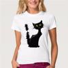 Women Summer T Shirt Trend Black Cat Print Retro Fashion Short Sleeve Tees Casual Printed Tops