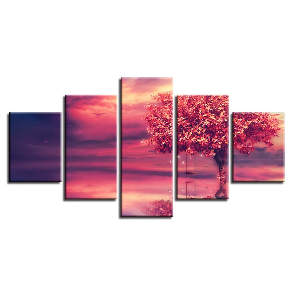 Modular Canvas HD Prints Posters Home Decor Wall Art Pictures 5 Pieces Red Clou & Tree Art Scenery Landscape Paintings No Frame
