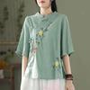 Chinese Style Stand-up Collar Embroidery Retro Disc Buckle Solid Color Pullover Mid-sleeved Cotton and Linen Short Blouse Women's Summer Clothes