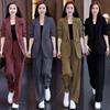 2 Pcs/Set Lady Formal Coat Pants Set Long Sleeves Double Buttons Cardigan Mid Length Jacket Loose Straight Wide Leg High Waist Trousers