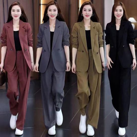 2 Pcs/Set Lady Formal Coat Pants Set Long Sleeves Double Buttons Cardigan