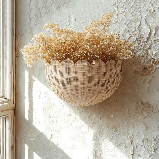 1/2Pcs Hand Woven Scalloped Rattan Wall Basket Rustic Bohemian Style Hanging Storage Organizer Wall Decor