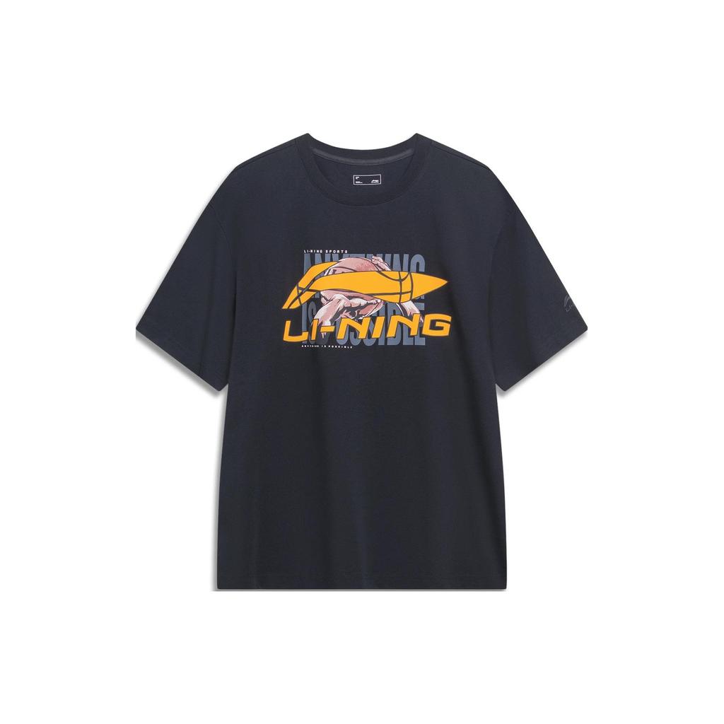 Li-Ning Basketball Print Crew Neck Short Sleeve T-Shirt Men Tops Black AHST595-1