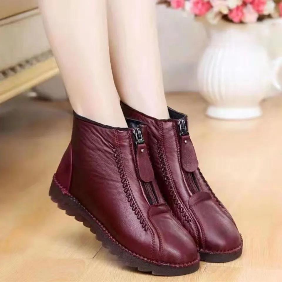 Winter Women Ankle Boots Fashion Warm Mother's Boots Flat-Bottom Comfortable Non Slip Front Zipper Closure Female Footwear2025