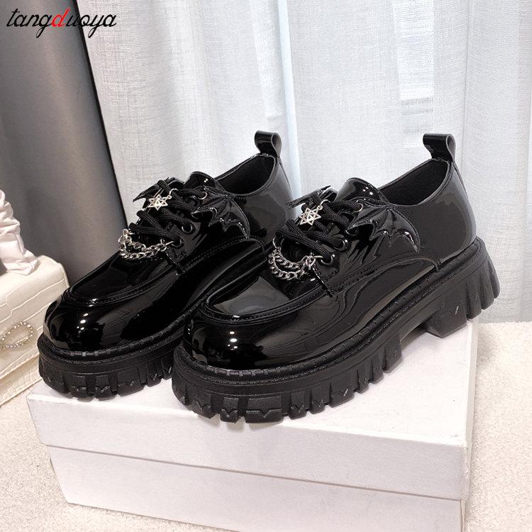 Fashion Metal Chain Chunky Platform Pumps Women 2024 Spring Thick Bottom Patent Leather Loafers Woman Lace Up Black Jk Gothic Shoes