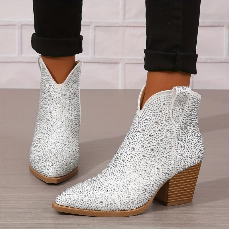 Chunky Heel Women's Ankle Boots | Pointed Toe, Faux Cover, Encrusted Side Zipper, Comfortable Block Heel & Rubber Sole (EU/US 5-11)