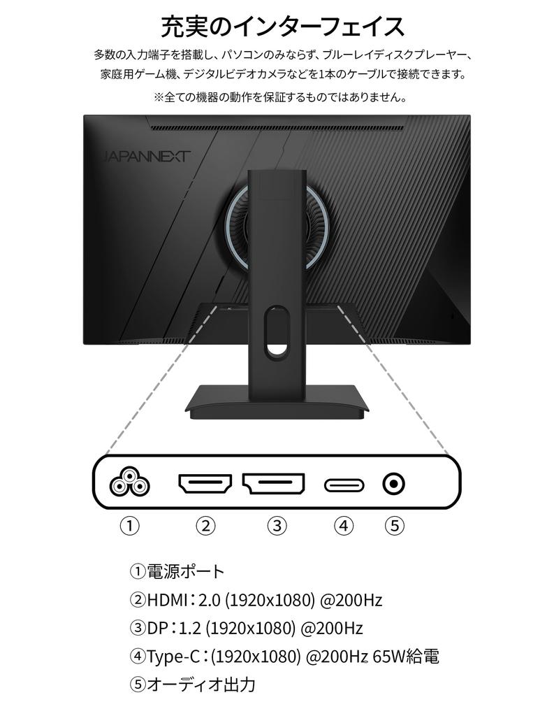 JAPANNEXT дюймовая IPS-панель 200 Гц совместимый игровой монитор с разрешением Full HD HDMI DP USB 65 Вт мощность HDR400 эквивалент PS5 подключение год 23.8