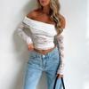 Women´s Spring Summer Lace Tops Long Sleeve Off Shoulder Slim Fit Cropped T-shirt