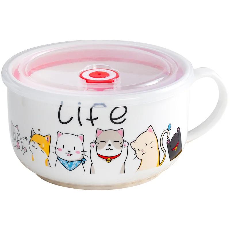 Large Capacity Salad Bowl Noodle Ceramic Bowls with Lid Cute Cartoon Pattern Food Container Household Tableware Kitchen Supplies