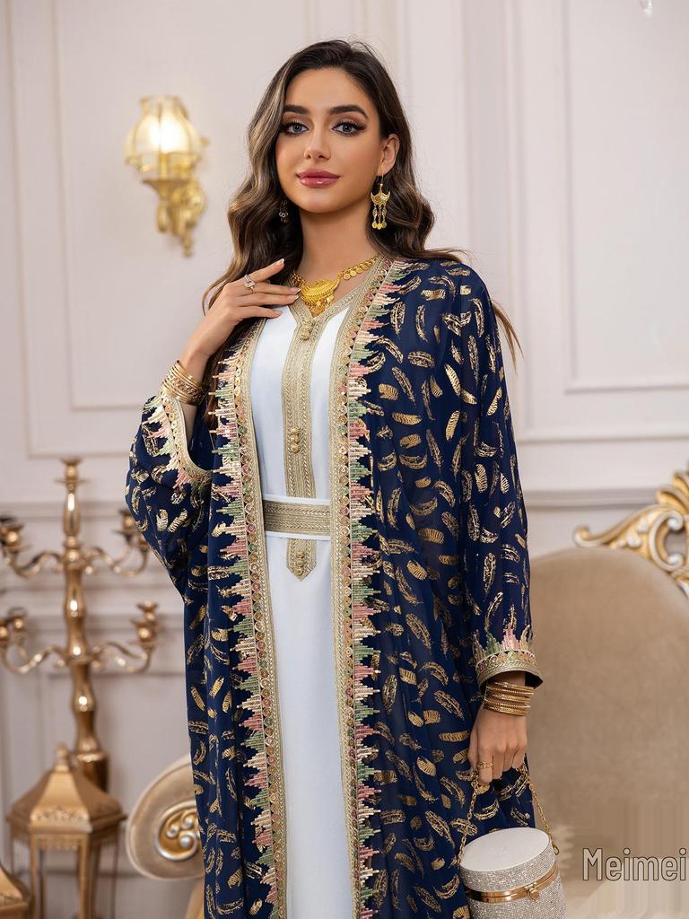 AB454 Women's Plus Size Dubai Chiffon Abaya Set - Three-Piece Middle Eastern Cardigan Long Dress with Hot Stamping