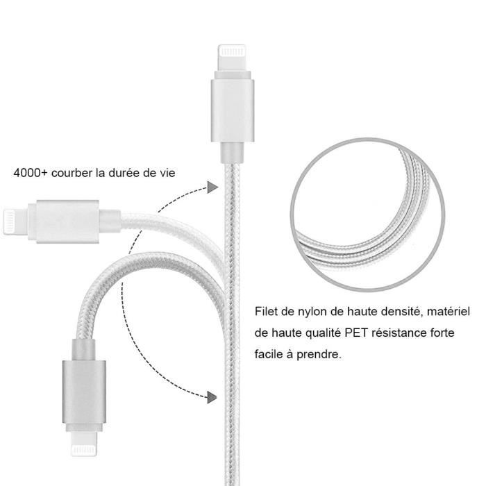 Câble USB - Compatible iPhone - Lot de 3 - 1M - Nylon Argenté - Connecteur USB