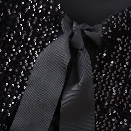 Women Sequin Jacket Big Bow Decor Loose Round Neck Long Sleeves Solid