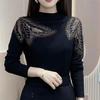 Women's Plush Lace and Hot Diamond Slim T-Shirt with Half-High Collar for Autumn/Winter 2024