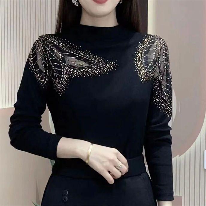 Women's Plush Lace and Hot Diamond Slim T-Shirt with Half-High Collar for Autumn/Winter 2024