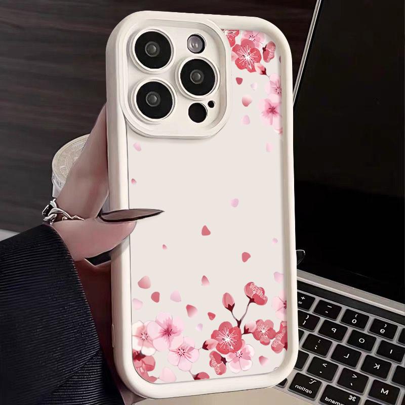 Soft TPU Silicone Phone Case For iPhone 15 16 14 Pro Max 11 12 13 Pro 16E XR 15 Plus Pink Peach Blossom Pattern Shockproof Cover