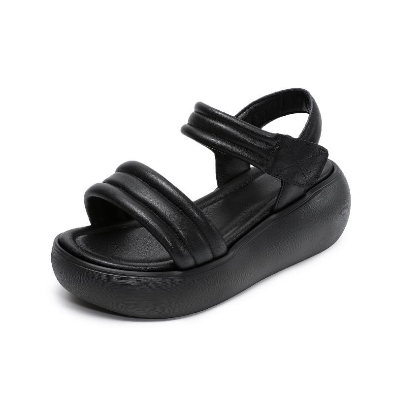 Fashion High Quality Real Leather Sandals for Women In The Summer of Featuring New One-piece Strap and Thick Soled Wedge Heel Sandals