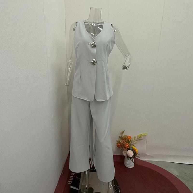 Casual V-Neck Vest Two-piece Suit Women Solid Button Sleeveless Tank Top High Waist Wide Leg Pants Slim Fit Office Lady Outfits