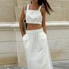 Summer Cotton Linen Women's Suspender Half Skirt Set Short Vest Casual Solid Color Set Female Split Long Skirt Matching Sets