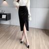 Women Midi Skirt High Waist Irregular Front Slit Design Golden Velvet Skirt Solid Color Design Leg-shaping Skirt