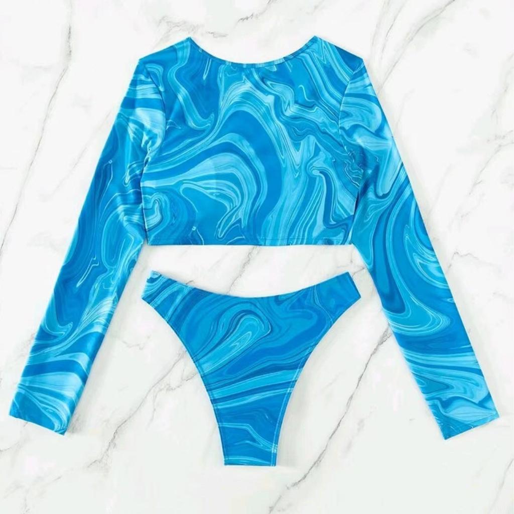 Split Length Sleeved Bikini Swimsuit With Floral Print For Women