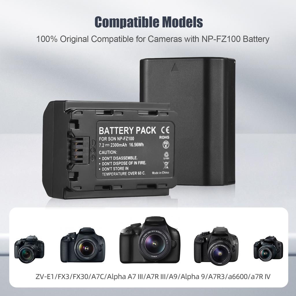 Camera NP-FZ100 Battery & Charger Kit with 2-slot Battery Charger + 2pcs NP-FZ100 Batteries 7.2V