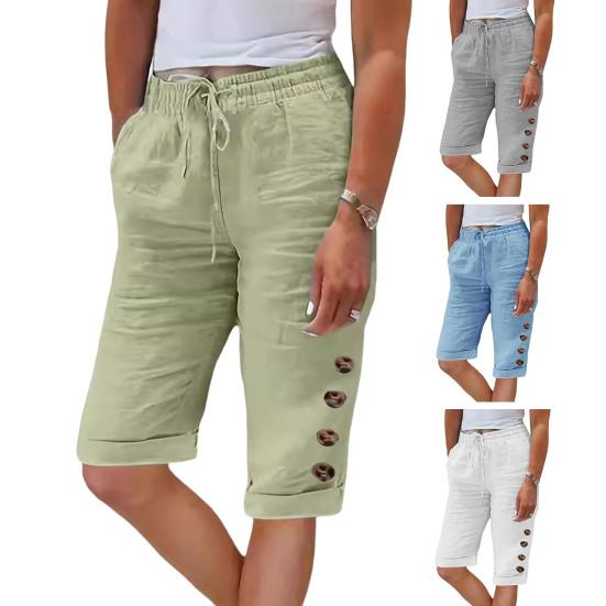 Women Summer Shorts Elastic Waistband Adjustable Drawstring Casual Pants with Pockets Solid Color Buttons Decor Knee-length Pants