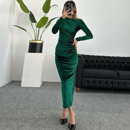 Lady Evening Dress Slim Fit Pleated Bateau Neck Long Sleeve Pure Color Midi Dress Sheath Calf Length Prom Cocktail Party Dress