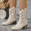 Fashion 2024 Women's Summer Retro Round Toe Chunky Heels Vegan Suede Western Boots with Hollow Design and Rivets Cowboy Boots Shoes