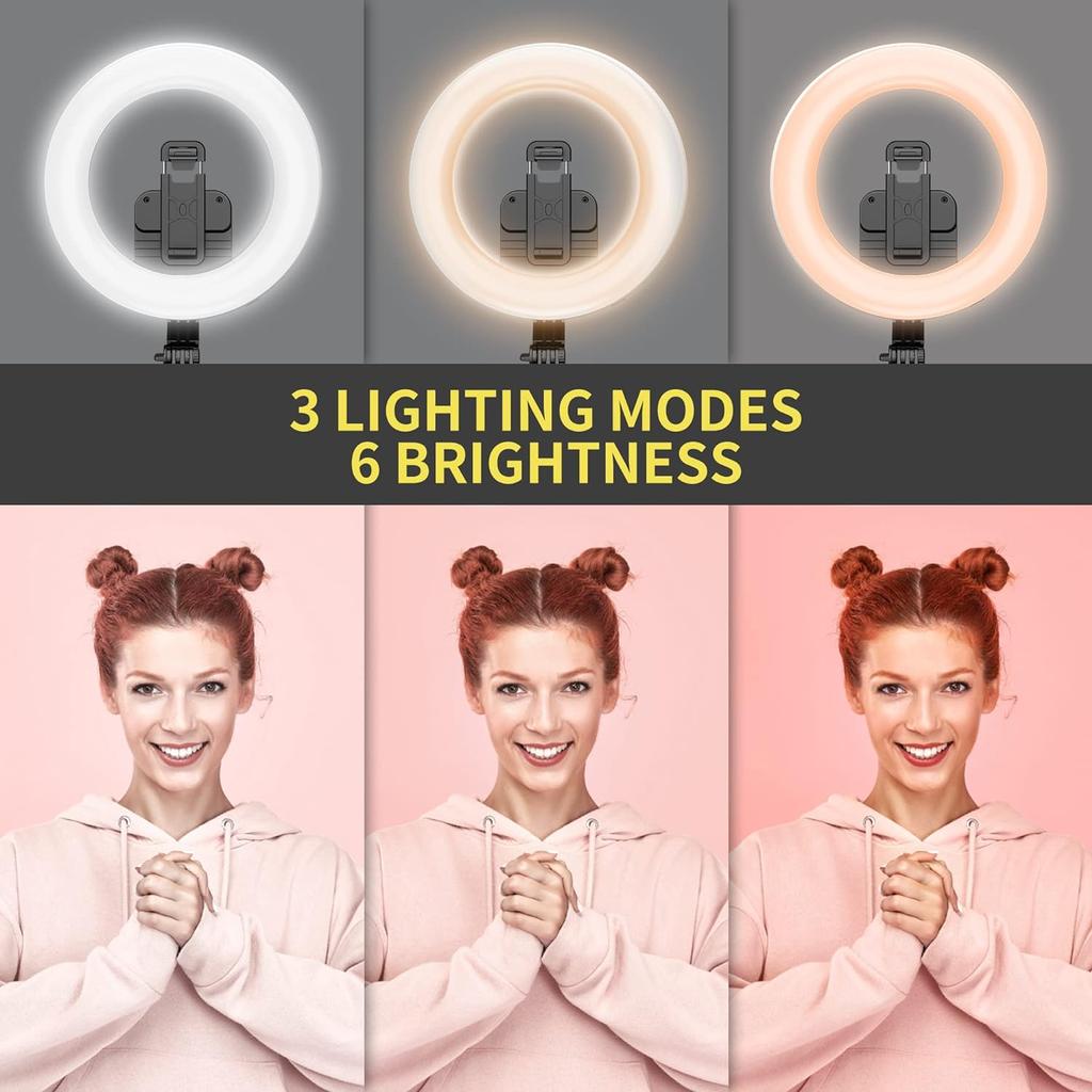 8" Selfie Ring Light with 66" Extendable Tripod Stand & Phone Holder, Portable Unplugged Dimmable LED Ringlight